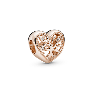 Charm Corazón Calado Árbol de Familia Recubrimiento en Oro Rosa de 14K