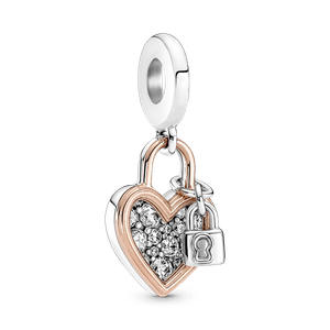 Charm Colgante Doble Candado del Corazón Recubrimiento en Oro Rosa 14K