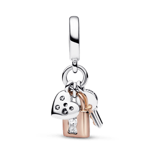 Charm Colgante Triple de Dos Tonos Llave, Candado y Corazón