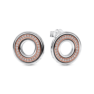 Pendientes de botón Logo y Pavé en Dos Tonos Pandora Signature Recubrimiento en Oro Rosa de 14k