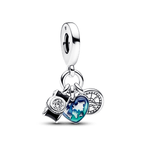 Charm Colgante Triple Cámara, Corazón y Brújula