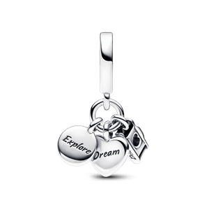 Charm Colgante Triple Cámara, Corazón y Brújula