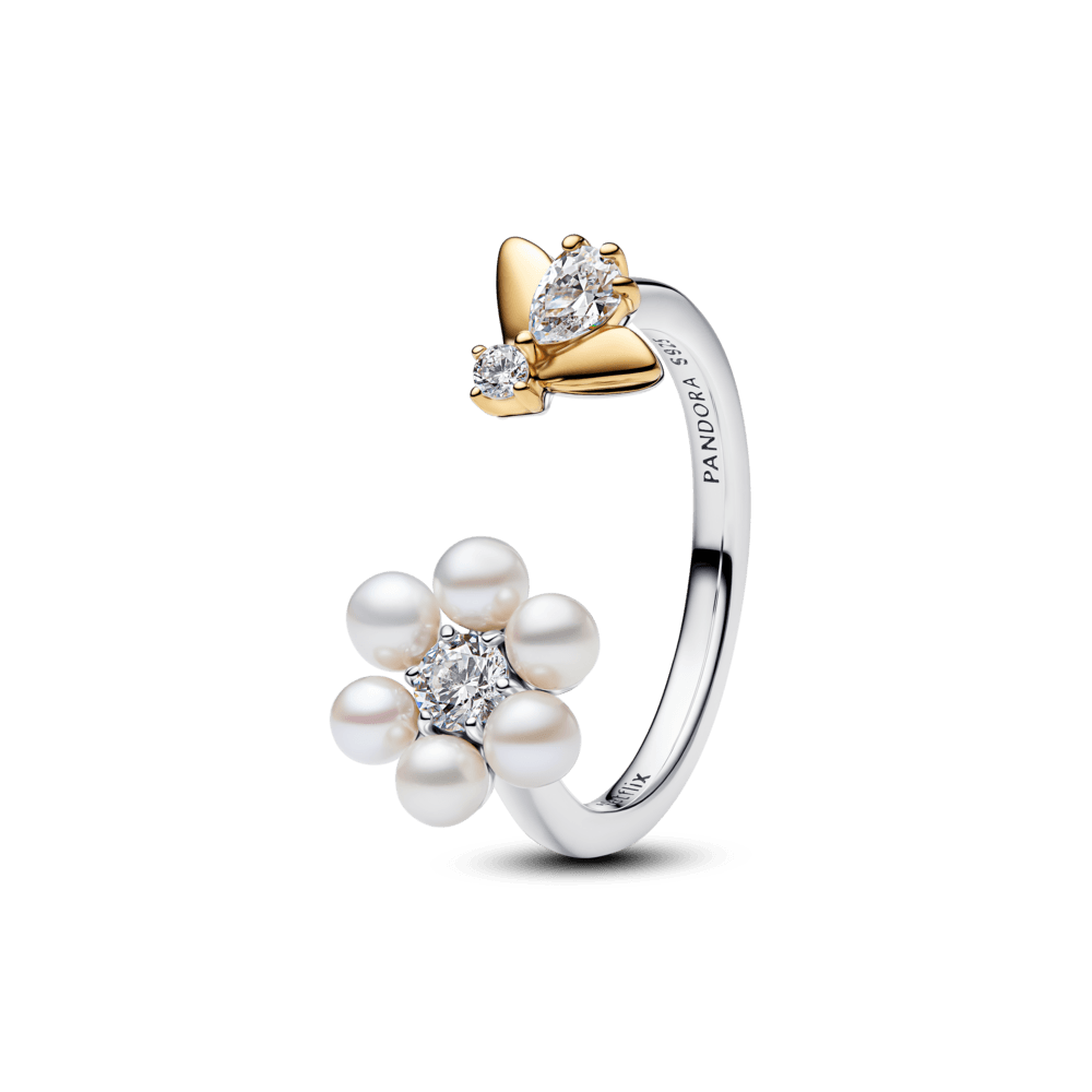 Anillo Abierto Abeja Bridgerton y Flor con Perla Culvada de Agua